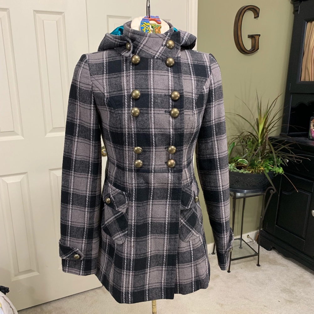 Tulle Gray/Black Plaid Double Breasted Coat Sz: S